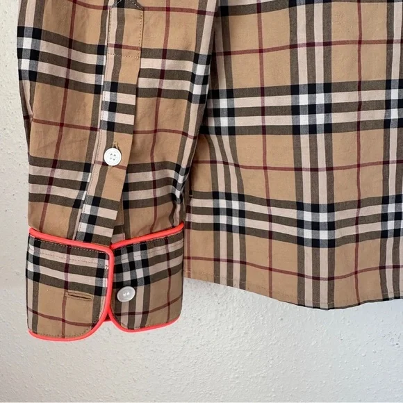 Burberry Tan Plaid Button-Up Shirt with Pink Trim Detail - Picture 6 of 13